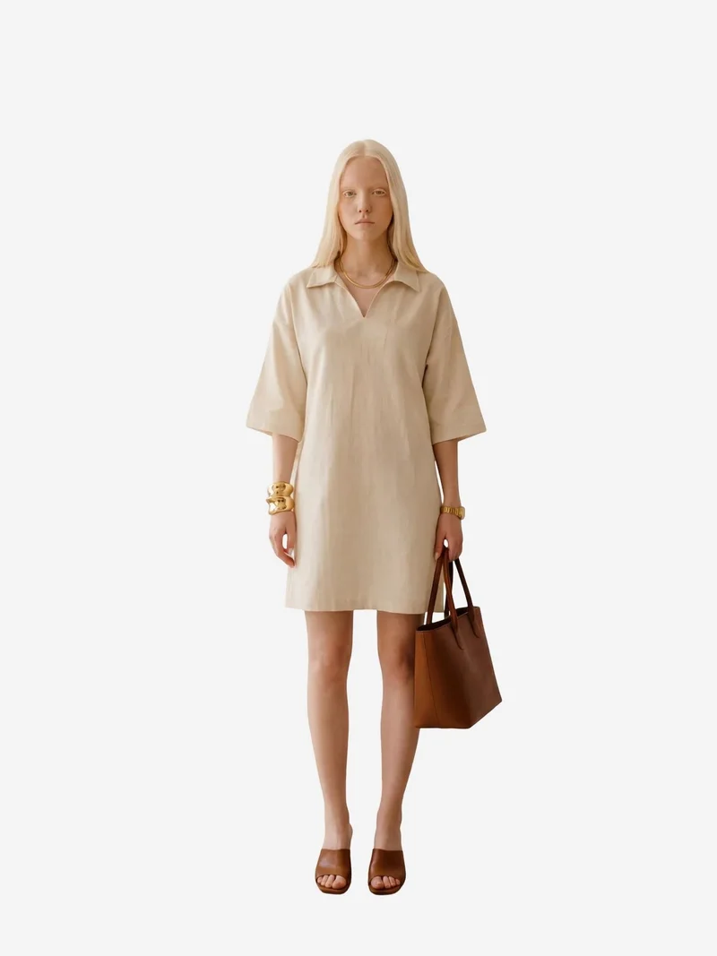 MY FASHION Beige Natural MY FASHION Polo Collar Mini Dress with Three Quarter Sleeves for Women | Best Price UAE
